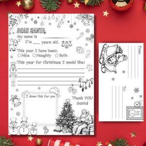 Juego de cartas para colorear de Papá Noel para imprimir / Páginas para colorear de cartas y sobres de Papá Noel / Lista de deseos navideños para niños / Plantilla digital en formato PDF