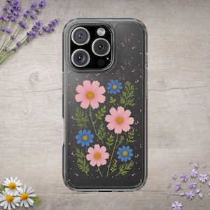 Pink & Blue Wildflowers Phone Case / Floral Clear iPhone Case / Slim Transparent Cover with Meadow Flowers