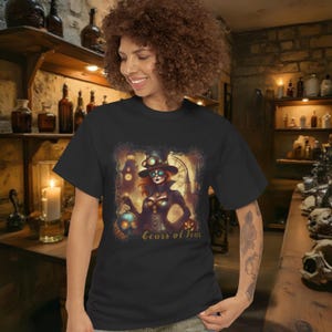 Steampunk Halloween T-Shirt - Gothic Witch & Skeleton Shirt - Unisex Gildan Tee for Spooky Season