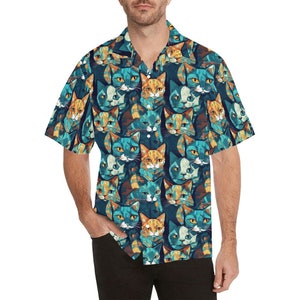 Men&#39;s Collar Shirt, Cat Print Hawaiian Shirt, Cat Lover Gift, Orange Tabby, Short Sleeved Button Down Shirt, Cubism Cats, Green Hawaii Shirt