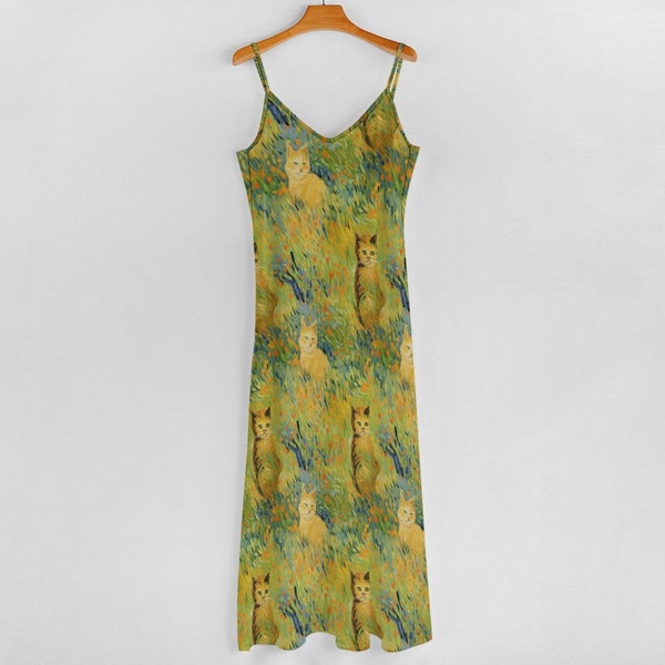 Green Cat Print Dress, Cat Lover V Neck Long Slip Dress, Van Gogh Inspired Ginger Tabby Cami Dress, Spaghetti Strap Summer Maxi Dress