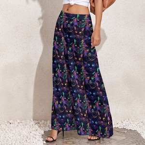 Black Cat Wide Leg Pants, Statement Neon Cat Print Flowy Pant, Blacklight 80s 90s Retro Style Elastic Waist Comfy Boho Trousers, Plus Size