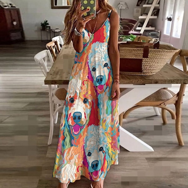 Poodle Print Summer Dress for Dog Mom, Colorful V Neck Maxi Dress, Cami Dress , Spaghetti Straps Beach Vacation Slip Dress, Dog Lover Gift