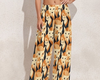 Cat Print Wide Leg Statement Pants, Earth Tone Palazzo Pants, Retro Style Trousers, Eclectic Whimsical Abstract Geometric Fashion