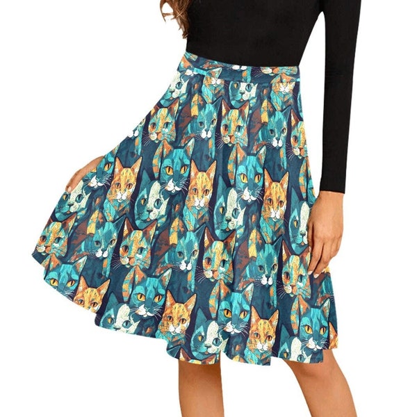 Unique Cat Skirt for Women, Abstract Blue & Orange Cat Print Fabric, Pleated Stylish Midi Skirt with Hidden Zipper, Ginger Tabby Cat Owner