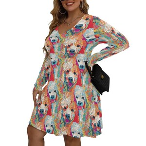 Unique Plus Size Dog Dress for Women, Colorful Poodle Print V-neck Long Sleeve Comfy Dress, Fun Statement Festival, Animal Lover Gift