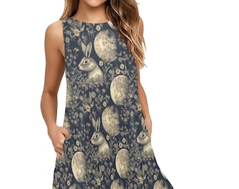 Robe lapin pour femmes, robe sans manches lapin avec poches, mini robe Cottage Core Full Moon A-Line, robe céleste foncée, taille Plus