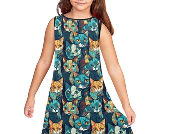 Girl's Cat Dress, Mommy and Me Shift Dress, Cat Lover Tween Summer Tunic Dress, Back to School Kid's A-line Dress, XS - XL, 4 -12 Year old