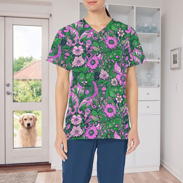 Floral Cat Medical Scrub Top, Animal Lover Deep Front Pockets Polyester Scrubs, Gift for Animal Lover, Nurse, Groomer, Vet, Midwife