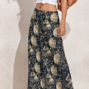 Rabbit Print Pants, Black Witchy Celestial Wide Leg Trousers, Full Moon Vintage Palazzo Retro Pants, Cottage Core Boho Bunny Plus Size