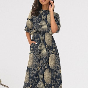 Mond-Kaninchen-Kleid mit Taschen, bequemes stilvolles Kleid für Kaninchen-Liebhaber, Boho Midi-Kleid, dunkles Cottagecore-Kleid mit elastischer Taille
