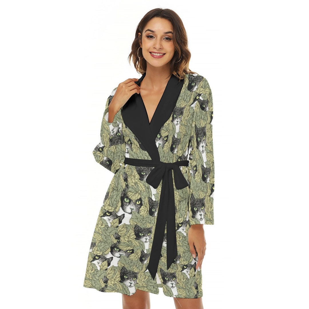Silky Kimono Bathrobe, Green Cat Print Dressing Gown With Pockets ...