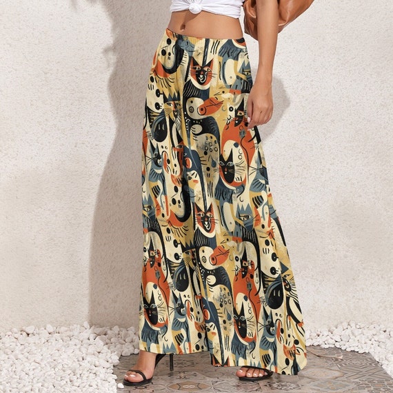 【oan】 Vintage Cat Wide Pants Cat Print Wide Leg Pants, Joan Miro Inspired Beige Palazzo