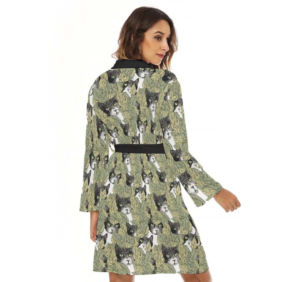 Silky Kimono Bathrobe, Green Cat Print Dressing Gown With Pockets ...