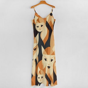 Cat Print Dress, V Neck Maxi Dress, Cat Mom, Cami Dress, Spaghetti Strap Dress, Summer Dress, Cream Geometric Slip Dress, Cat Lover Gift