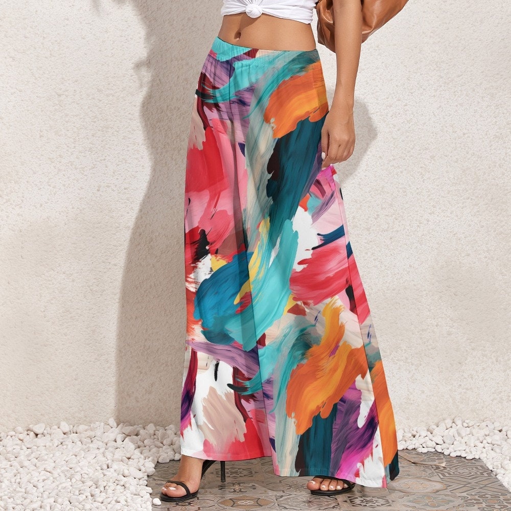 Vibrant Art Print Wide-Leg Pants