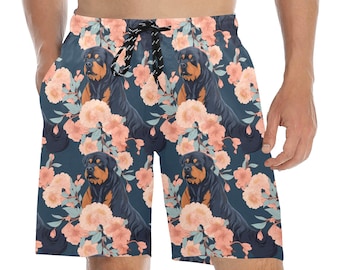 Dog Print Men Mid Length Shorts, Rottweiler Beach Swim Trunks with Pockets, Mesh Drawstring Boys Casual Bathing Suit Summer, Holiday Gift