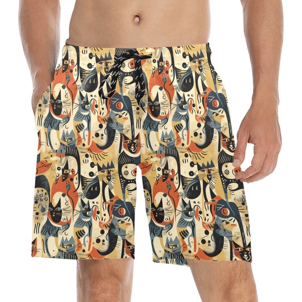 Cat Print Herren Badehose, mittellange Strand Shorts Taschen Mesh-Futter Kordelzug Jungen Casual Badeanzug Plus Size Bademode für Cat Dad