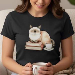 Watercolor Cat Coffee Shirt: Cozy Book Lover Tee