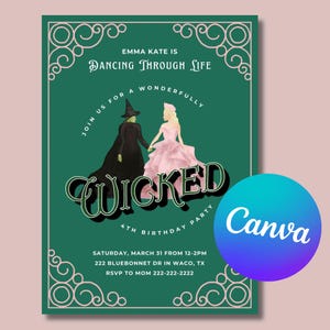 Könnte beinhalten: Eine grüne Einladung mit einem fantasievollen Design, das eine Hexe und eine Prinzessin zeigt. Der Text lautet "Emma Kate is Dancing Through Life Join Us For A Wonderfully Wicked 4th Birthday Party Saturday, March 31 from 12-2pm 222 Bluebonnet Dr in Waco, TX RSVP to Mom 222-222-2222".