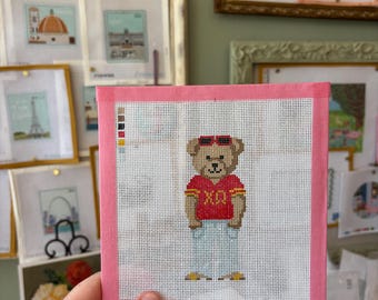 Sorority Bear Needlepoint Canvas, 18 Mesh Canvas, Hand Painted Design, Preppy Bear, Custom Design