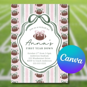 Inbjudan till första årets sista födelsedag: Redigerbar rosa fotbollsfest Canva-mall (digital nedladdning)