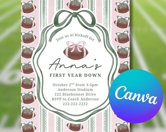 First Year Down Birthday Invitation: Editable Pink Football Party Canva Template (Digital Download)