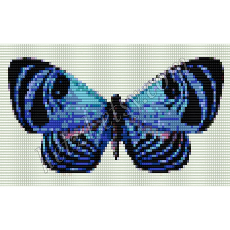 May include: A blue and black butterfly with intricate wing patterns. The butterfly is depicted in a pixelated style, resembling a cross-stitch or beadwork design.
