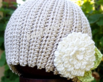 Crochet pattern baby beanie hat with chrysanthemum big flower and leaves in cottage chic pretty shabby girls style photography prop