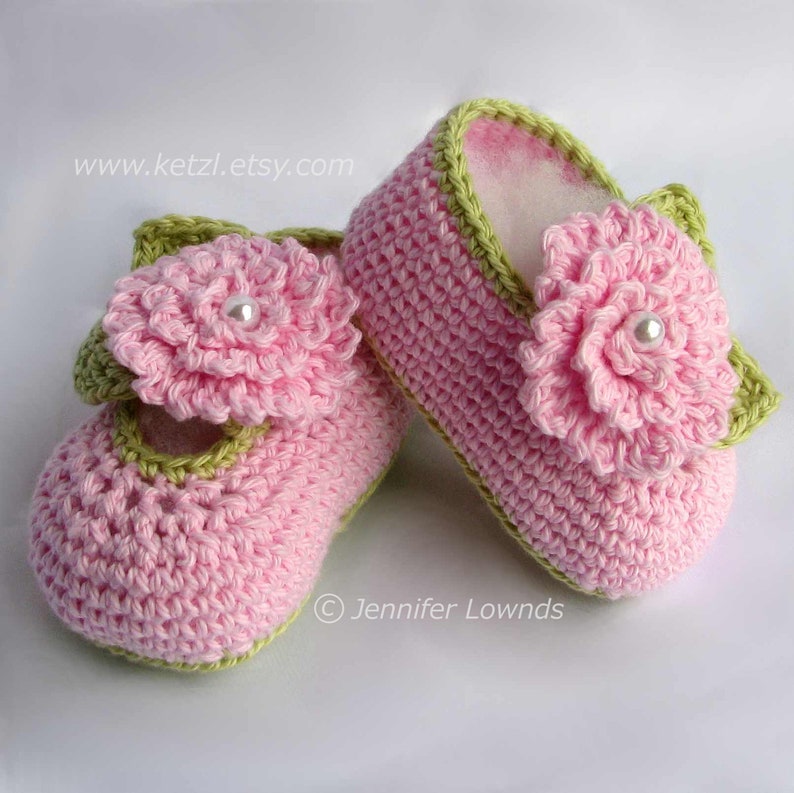 Crochet pattern girls baby booties with pink flowers leaves and pearl centers cute pretty pdf Instant Digital Download image 1