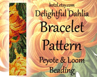 Peyote Patterns Stitch and Loom Beading Bracelet Pattern with Word Chart Bead Weaving Graph Flowers Orange Dahlia