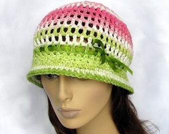 Crochet Hat Pattern womens hat pattern Adjustable Cloche Teen to Adult patterns watermelon pink green white with ribbon how to crochet a