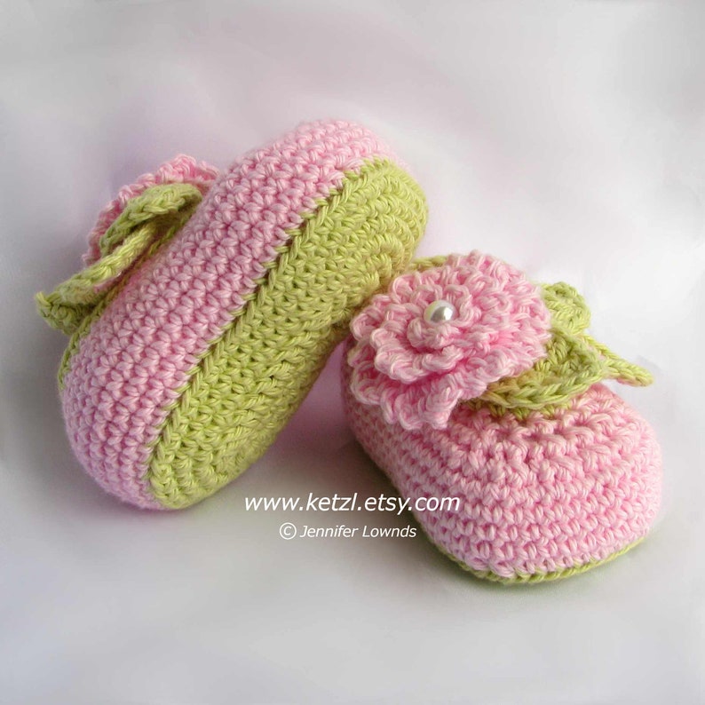 Crochet pattern girls baby booties with pink flowers leaves and pearl centers cute pretty pdf Instant Digital Download image 4