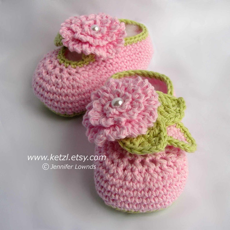 Crochet pattern girls baby booties with pink flowers leaves and pearl centers cute pretty pdf Instant Digital Download image 5