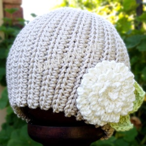 Crochet baby hat pattern for baby with large flower and leaves beanie for girls cute pretty photography prop toddler baby pattern image 1