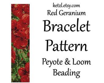 Peyote Stitch and Loom Beading Bracelet Pattern Red Geranium Flowers with Word Chart Bead Weaving Graph