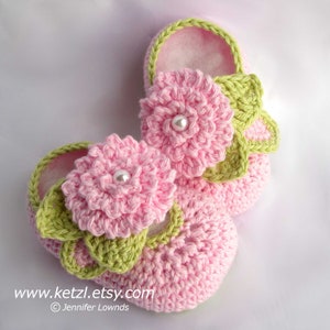Crochet pattern girls baby booties with pink flowers leaves and pearl centers cute pretty pdf Instant Digital Download image 2