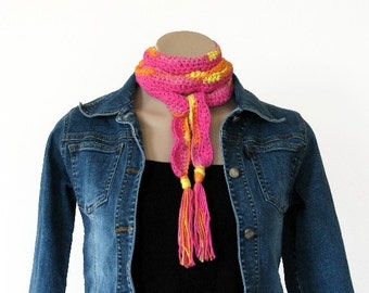 Crochet Pattern Scarf Patterns Wave Design Skinny Slim crochet Scarf Pink Orange Yellow Instant Download with Tassel