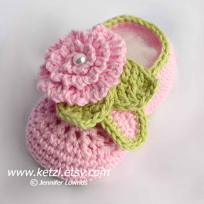 Crochet pattern girls baby booties with pink flowers leaves and pearl centers cute pretty pdf Instant Digital Download image 3