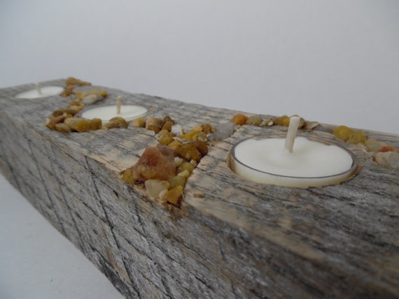 Reclaimed Wood Candle Holder With River Rock Inlay Rustic Barn Etsy