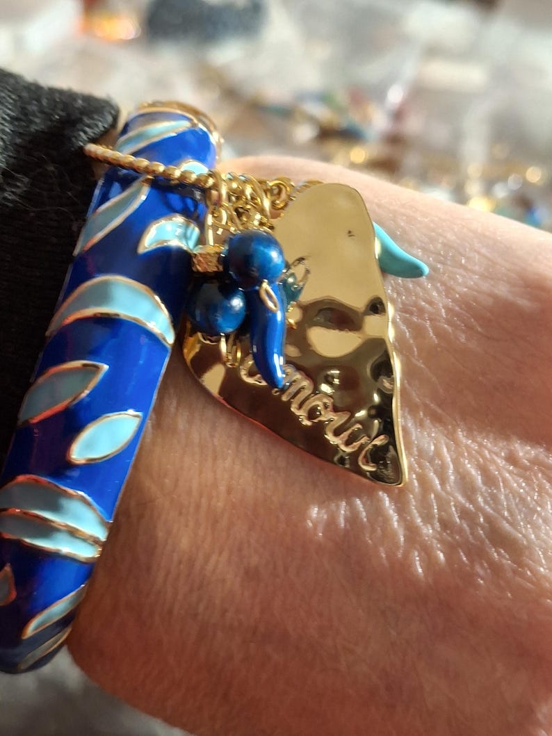 Beautiful rigid spring ring of very high quality with colorful blue enamel and charms - a perfect birthday gift image 10