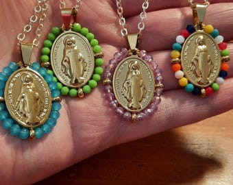 gold chain necklace stainless steel 316 stainless steel large stainless steel Madonna pendant and faceted crystal beads