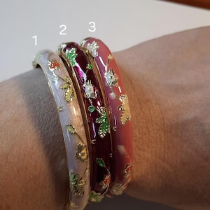 vintage rigid spring bangle bracelet with colorful enamel and small flower pattern, birthday gift, Christmas party