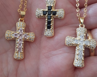 Vergulde roestvrijstalen 316 ketting, 18-karaats vergulde kruishanger bezet met zirkonia