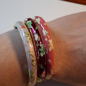 vintage rigid spring bangle bracelet with colorful enamel and small flower pattern, birthday gift, Christmas party