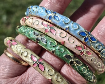 vintage rigid spring bangle bracelet colored enamel gold plated flower pattern birthday gift mother&#39;s day Christmas