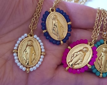 Gold-plated stainless steel chain necklace with a large stainless steel Madonna pendant and faceted crystal beads