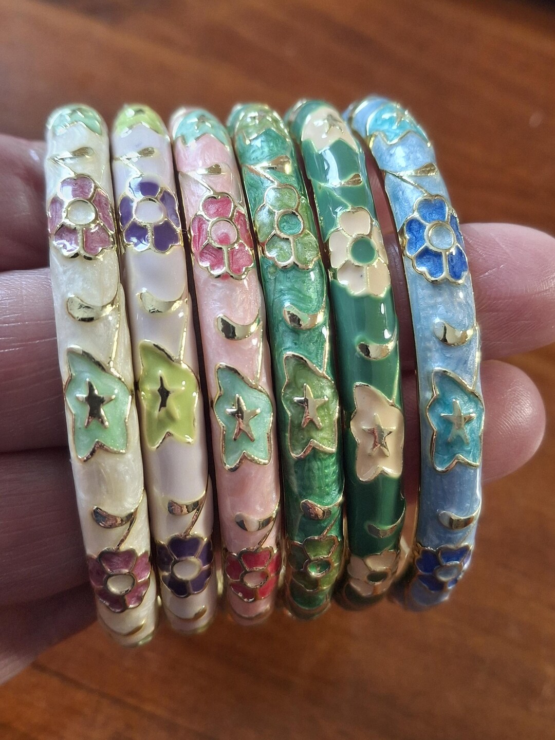 Spring Button Bangle Vintage Rigid Spring Bangle Bracelet Colored Enamel Gold Plated Flower ...