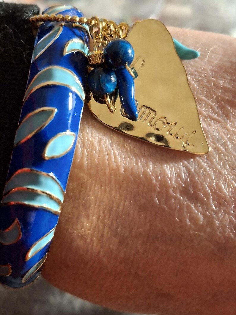 Beautiful rigid spring ring of very high quality with colorful blue enamel and charms - a perfect birthday gift image 9