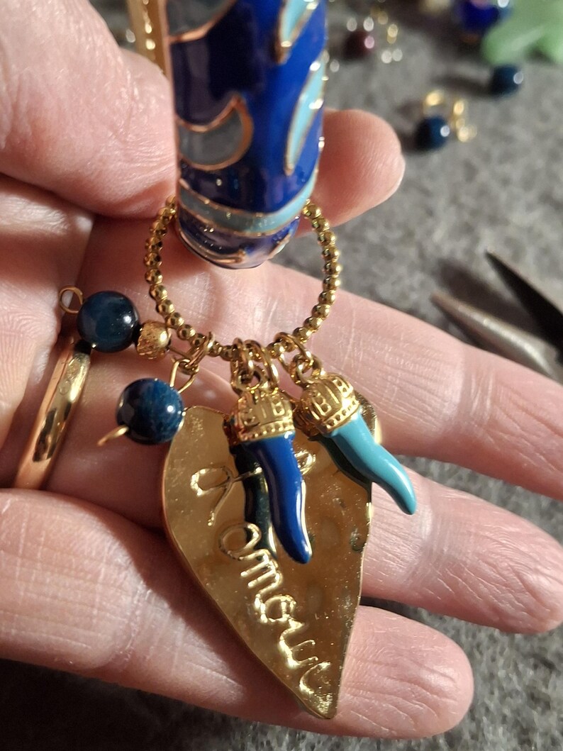 Beautiful rigid spring ring of very high quality with colorful blue enamel and charms - a perfect birthday gift image 2